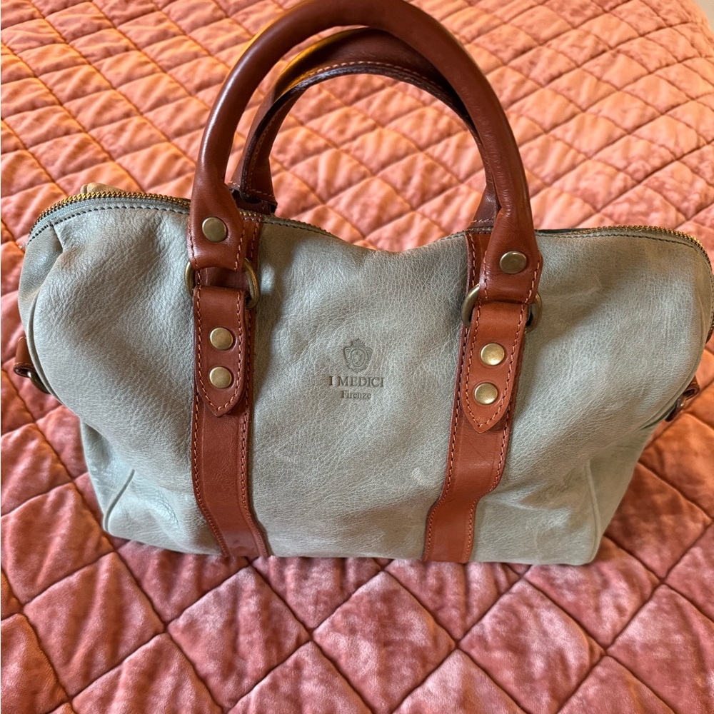 I Medici Women's Leather Satchel Bag - Blue/Green and Brown Soft Leather